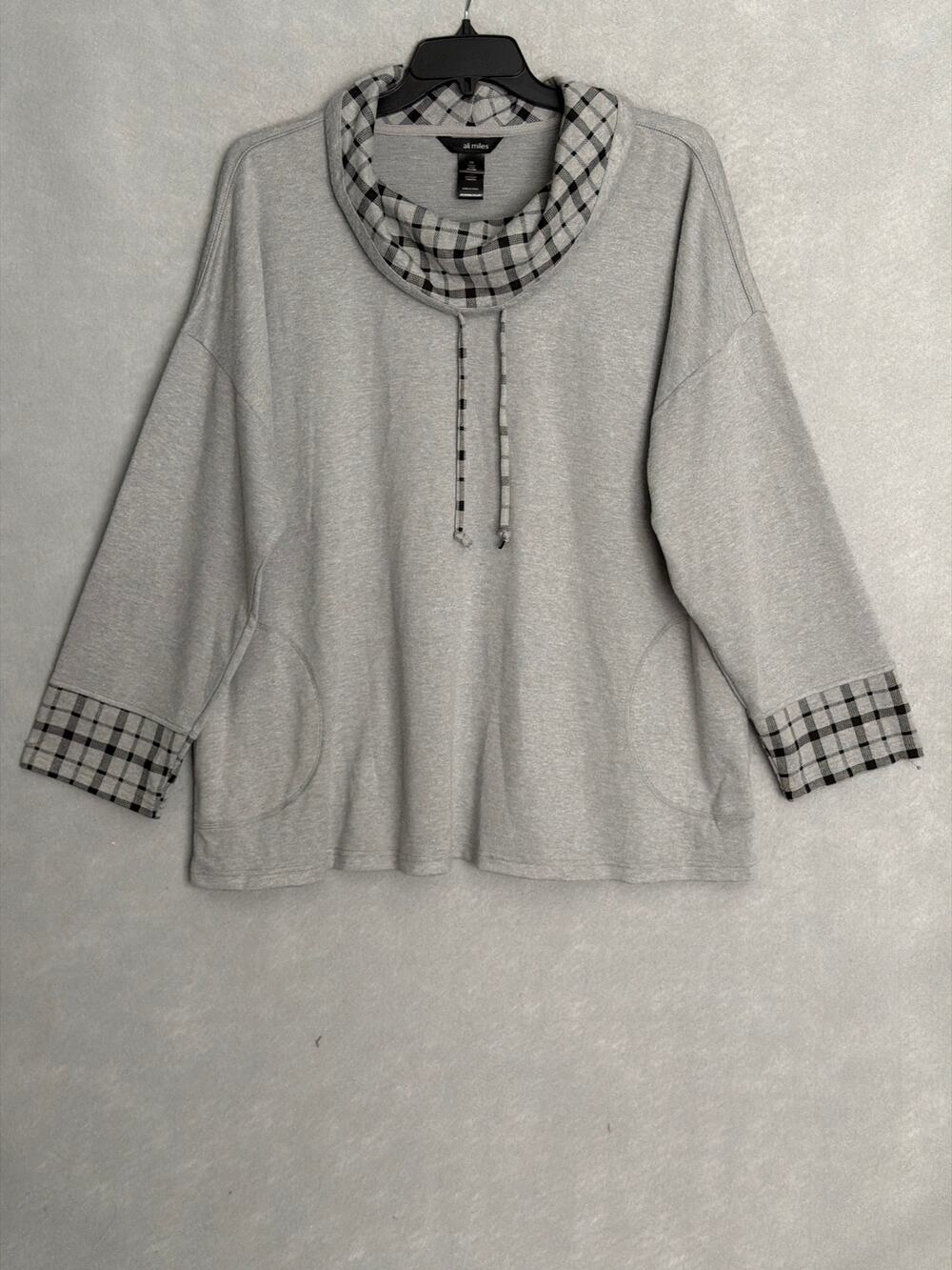 Ali Miles Solid Plaid Print Top Drawstring Cowl Neck Popover Women's 2X NEW